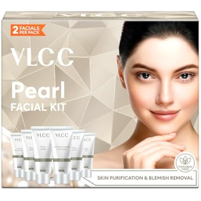 VLCC NATURAL PEARL FACIAL KIT - SINGLE USE | SALON LIKE FACIAL AT HOME IN JUST 6-STEPS | INCLUDES CLEANSER, SCRUB, CREAM, FACE PACK & OIL FREE GELS | 2.12 OZ/60G - Image 1